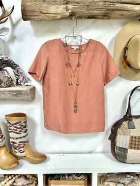 Terra-cotta Clay linen blend Short-Sleeve Top w cottagecore resort vacay vibe